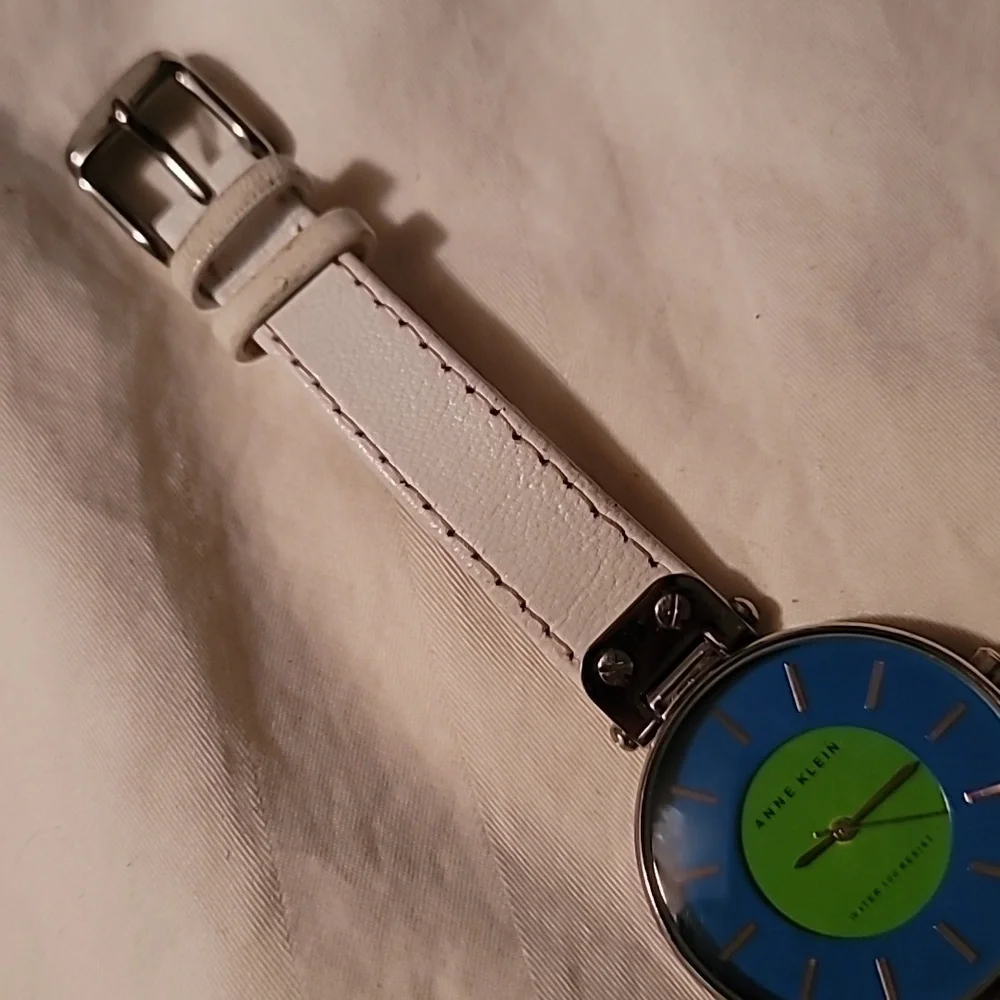 Anne Klein 10/9987 White Genuine Leather Band‎ Blue-Green Dial Women's Watch